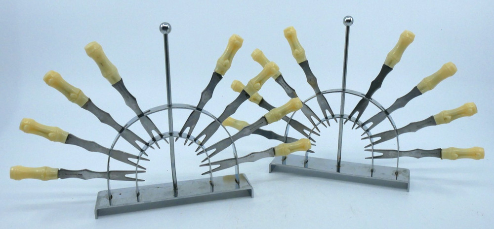 2 Vintage Cocktail Forks Beige Plastic Bamboo Tiki Style & Holder